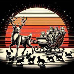 Vintage Red-Nosed Reindeer Leading Sleigh with Playful Cats