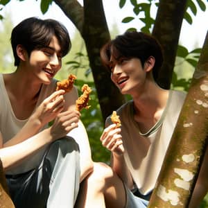 K-Pop Singers Enjoying Fried Chicken in Lush Greenery