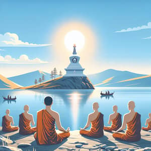 Buddhists Meditating by Lake Baikal with Stupa in Summer