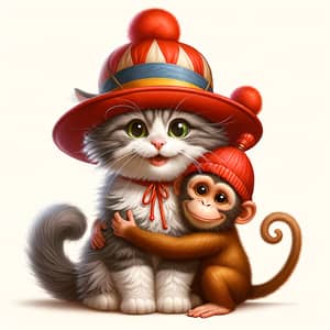 Cheerful Grey and White Cat with Colorful Circus Hat Embracing a Monkey