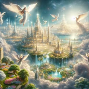 Ethereal Heavenly Cityscape with Angelic Figures and Lush Gardens