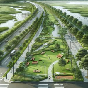 Serene Linear Park at Wetland's Edge | Green Spaces & Street Furniture