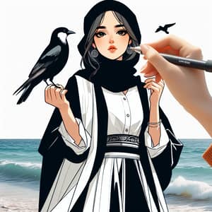 Middle-Eastern Girl by the Sea in Black and White Outfit