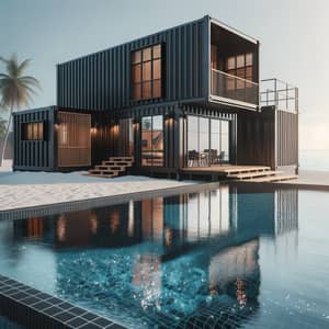 Modern Black Container-Style House with Sparkling Pool on Clear Beach