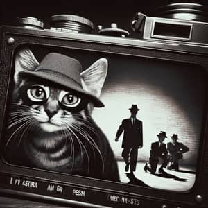 Mischievous Feline in Vintage Film Noir Style