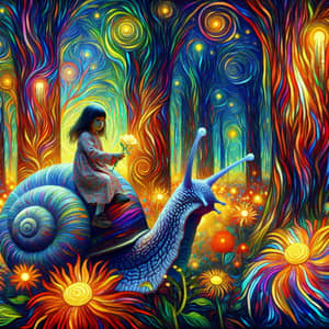 Girl Riding Giant Snail in Magical Forest | Van Gogh Style Art