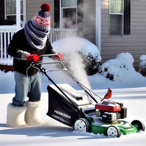 Winter Lawn Mowing: Striking Scene with a Hispanic Man and Cardinal