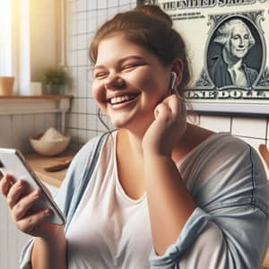 Happy Caucasian Woman Listening to Music in Cozy Kitchen