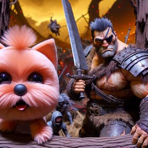 Audacious Small Dog and Brawny Character Battle Scene