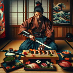 Japanese Samurai Crafting Sushi: Tradition & Precision