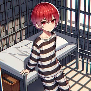 Anime Boy in Prison: Scarlet Hair & Striped Outfit