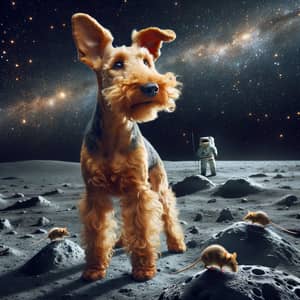 Cheerful Welsh Terrier Dog on Moon: Energetic Space Hunter