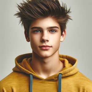 Teenage Boy with Spiky Brown Hair and Striking Blue Eyes | Positive Aura & Determination