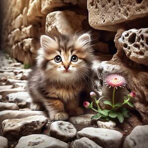 Adorable Kitten Exploring Cobblestone with Vibrant Flower