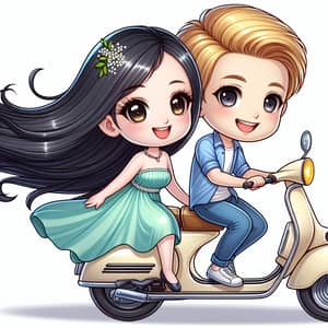 Cartoon Couple Riding Vespa in Love | Long Black Hair & Blond Hair