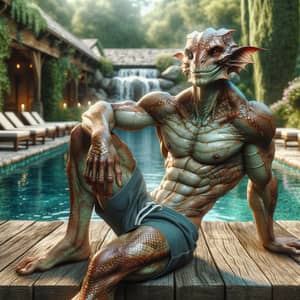 Muscular Male Kobold Demi-Human in Swimming Shorts by Pool