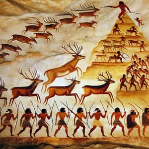 Ancient Cave Painting of Seasoned Hunter Leading Group of Hunters in Pursuit of Deer