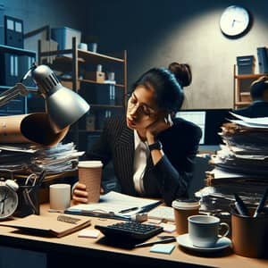 Overworked South Asian Female Secretary in Dimly Lit Office