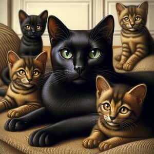 Feline Family: Black Cat & Four Playful Brown Kittens