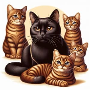 Black Cat Surrounded by Four Distinct Brown Cats - Warm and Familiar Scene