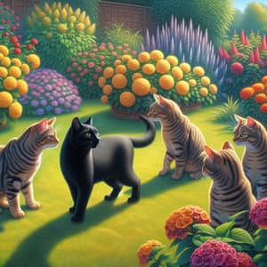 Black Cat Stands Out Among Four Brown Cats in Playful Garden Scene