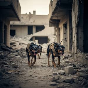 Dogs in Combat Gear Patrolling War Zone Ruins