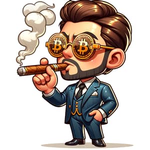 Cartoon Millionaire in Bitcoin Glasses and Cigar