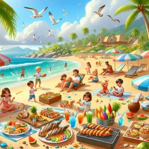 Tropical Beach Scene with Grilled Fish, Fruits, and Fun Activities