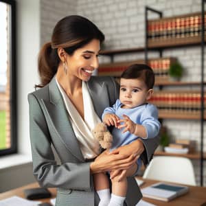 Successful Advocate Mom with Baby Boy in Modern Office