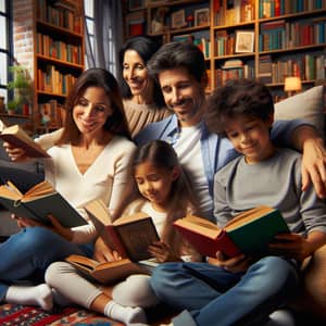 Multicultural Family Reading Books Together in a Cozy Living Room