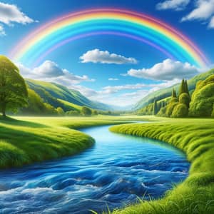 Vibrant Rainbow Over Green Field and Crystal River