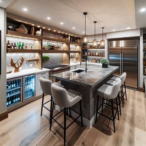 Stylish Basement Bar with L-Shaped Quartz Island