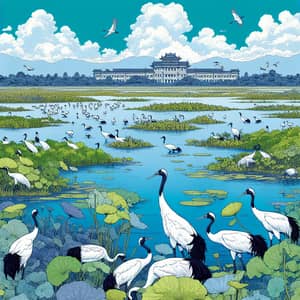 Tranquil Wetland Scene with Majestic Palace and Black-necked Cranes