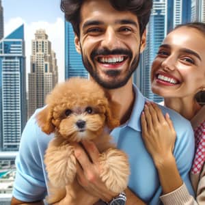 Multicultural Love Story in Dubai: Joyful Couple Anticipating Toy Poodle