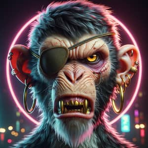 Angry Monkey Portrait with Golden Teeth and Cyberpunk Aesthetic