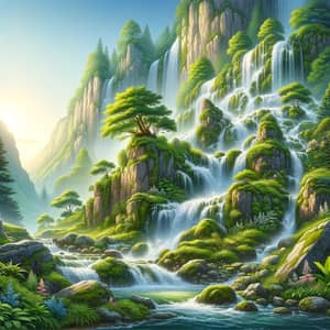 Serene Waterfall Cascading Down Lush Green Mountain Cliff