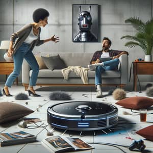 Rebellious Robot Vacuum Chaos in Modern Living Room