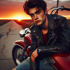 Rebellious Young Man with Vintage Motorcycle | Edgy Bad Boy Image