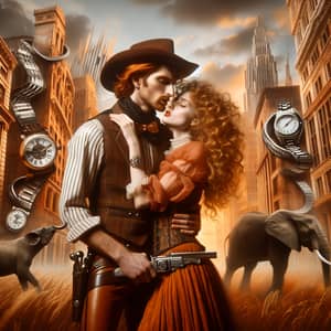 Vintage Cowboy & Auburn Beauty Embrace in Surreal Urban Setting