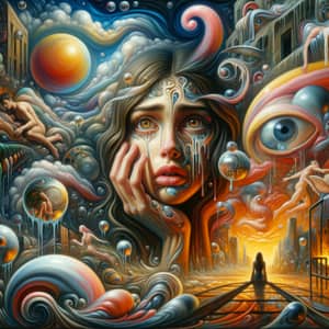 Surreal Oil Painting Depicting Woman's Descent into Addiction