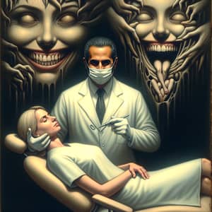 Male Hispanic Dentist & Sedated Female Patient in Surrealist Scene