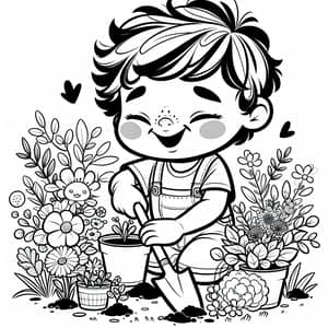 Joyous Child Planting Flowers in Memory | Garden Illustration