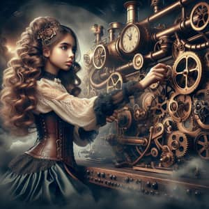 Young Hispanic Girl in Steampunk Attire Operating Steam Machine