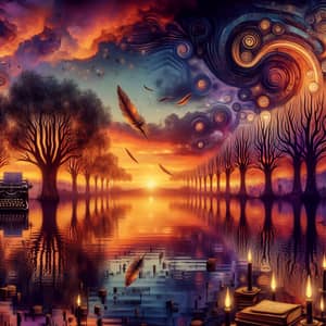 Surreal Sunset Landscape | Tranquil Lake - Pre-1912 Style