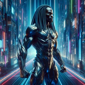 Futuristic Black Warrior with Advanced Armor and Dreadlocks