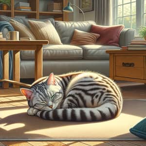 Cozy Living Room Illustration with Sleepy Domestic Cat in Sunlit Corner