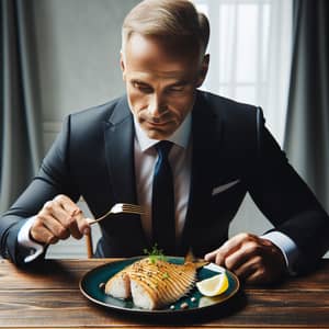 Caucasian Politician Enjoying Freshly Prepared Seafood Dish