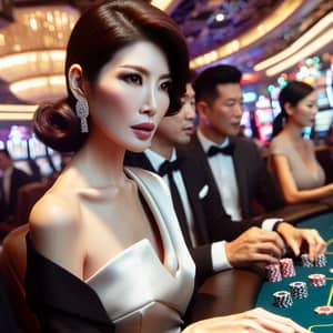 Stylish Asian Woman in Busy Casino Scene