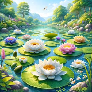 Tranquil Pond with Beautiful Water Lilies and Dragonfly