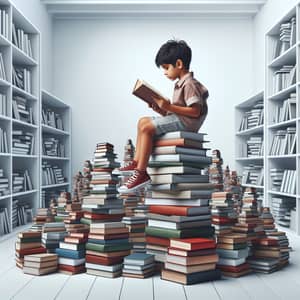 Kid Immersed in Reading on Colorful Books Shelves Background